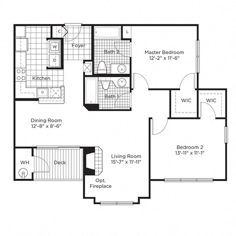 Floor plan for 2 beds, 2 baths, 1118 sqft